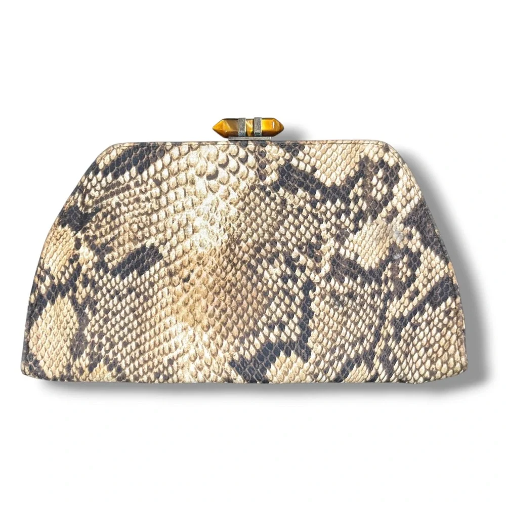 Banana Republic Snakeskin Print Frame Clutch Amber Stone Clasp Neutral Handbag
